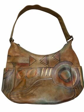 Vintage Anuschka Hand-Painted Brown Leather Hobo Bag